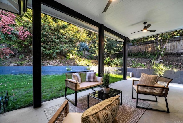 7325 Conestoga Ct, San Diego, CA 92120 - sunroom featuring a ceiling fan and an outdoor hangout area