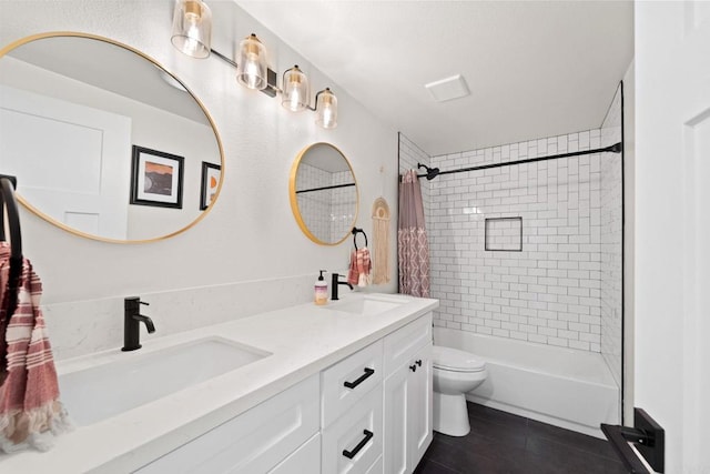 7325 Conestoga Ct, San Diego, CA 92120 - full bath featuring toilet, shower / tub combo with curtain, and double vanity