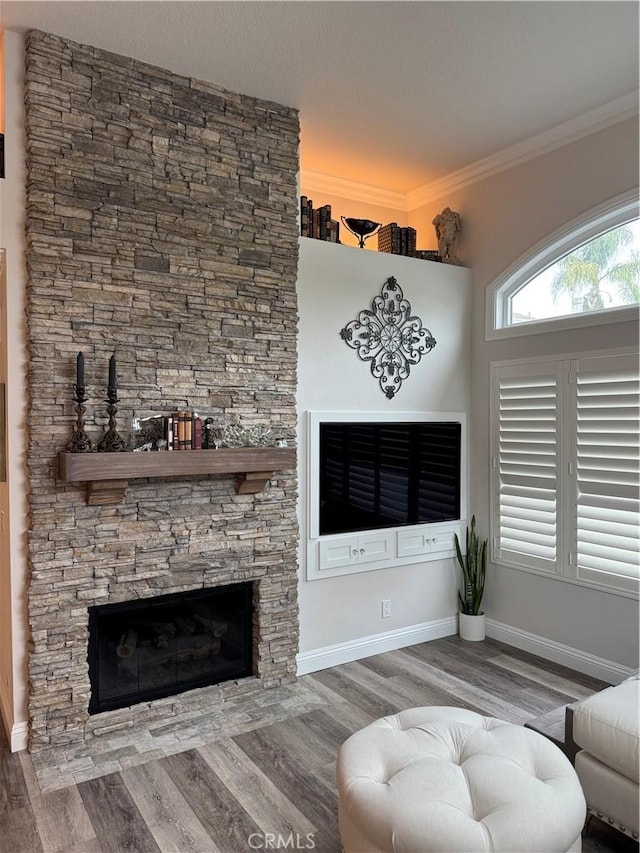 28185 Via Luis, Laguna Niguel, CA 92677 - living area featuring wood finished floors, crown molding, baseboards, and a stone fireplace