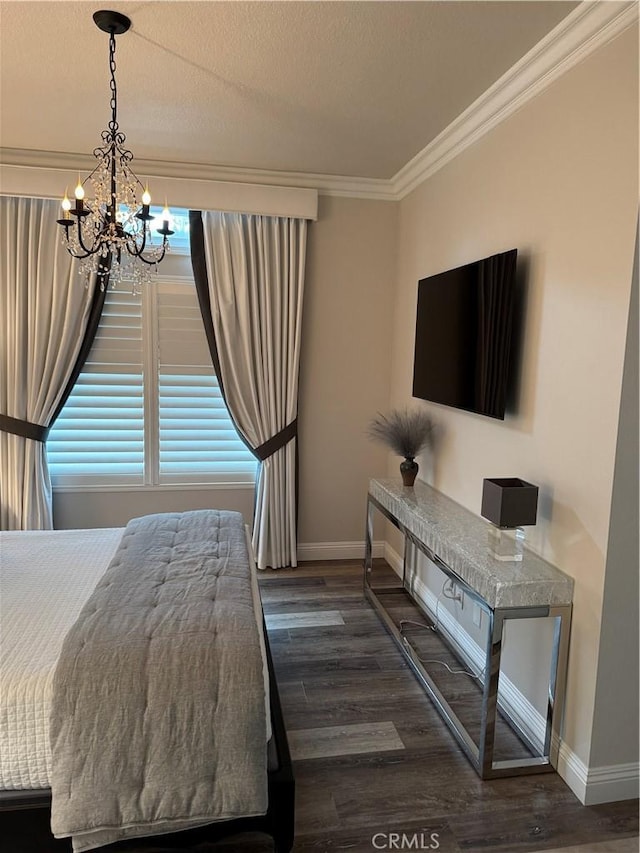 28185 Via Luis, Laguna Niguel, CA 92677 - bedroom featuring baseboards, a chandelier, crown molding, and dark wood-style floors