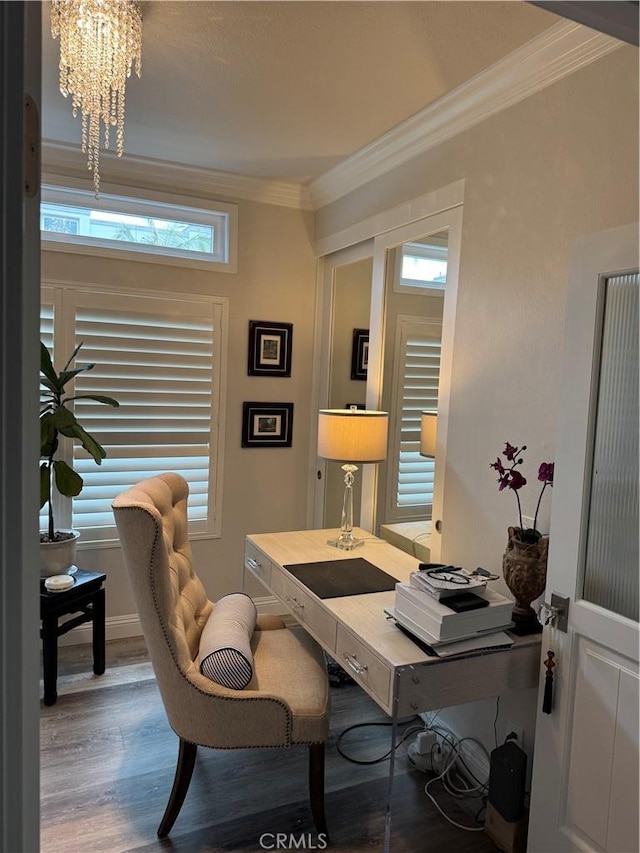 28185 Via Luis, Laguna Niguel, CA 92677 - office space with crown molding, a chandelier, and wood finished floors
