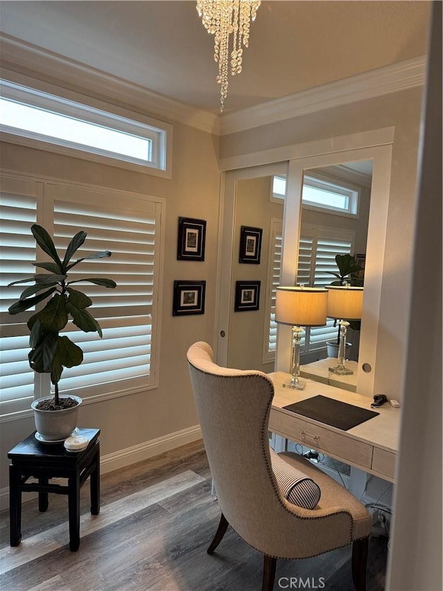 28185 Via Luis, Laguna Niguel, CA 92677 - office space featuring crown molding, wood finished floors, a chandelier, and baseboards