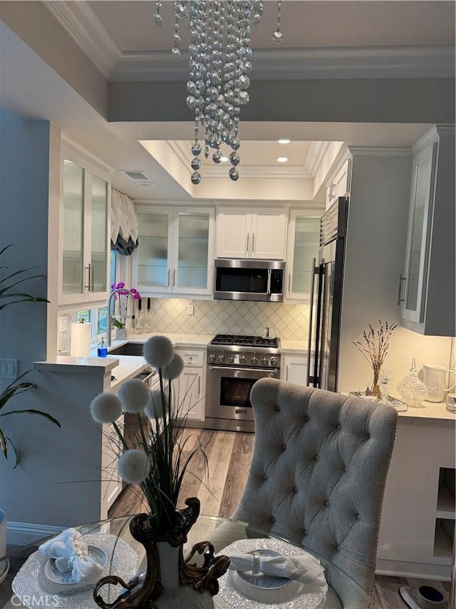 28185 Via Luis, Laguna Niguel, CA 92677 - kitchen with appliances with stainless steel finishes, ornamental molding, a tray ceiling, light wood-style floors, and tasteful backsplash