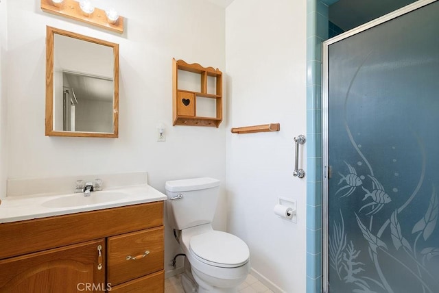 338 S La Serena Dr, West Covina, CA 91791 - full bathroom featuring vanity, a stall shower, toilet, baseboards, and tile patterned floors