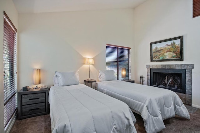 28330 Meadow Glen Way W, Escondido, CA 92026 - bedroom with carpet, a fireplace, high vaulted ceiling, and baseboards