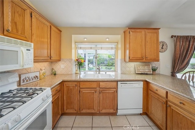 28613 Apricot Pl, Valencia, CA 91390 - kitchen featuring white appliances, a sink, decorative backsplash, and light tile patterned flooring