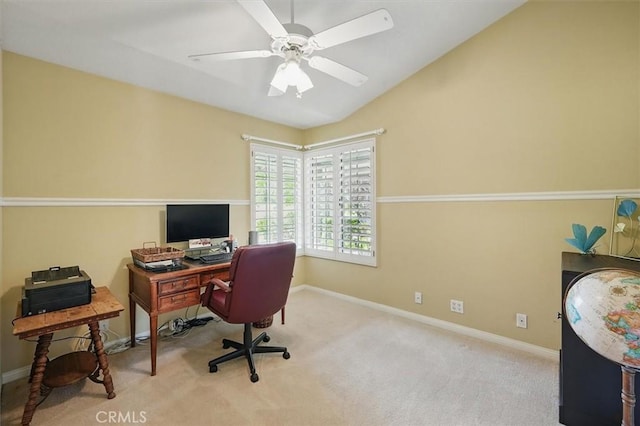 28613 Apricot Pl, Valencia, CA 91390 - carpeted home office featuring baseboards, vaulted ceiling, and ceiling fan
