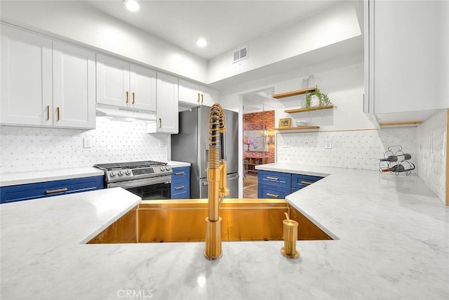 13023 Avenida Empresa, Riverside, CA 92503 - kitchen with blue cabinetry, stainless steel appliances, under cabinet range hood, white cabinets, and tasteful backsplash
