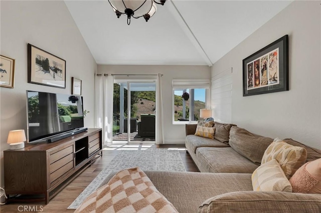 living room featuring vaulted ceiling and wood finished floors