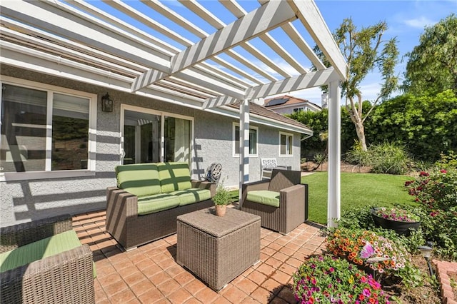 view of patio / terrace with an outdoor hangout area and a pergola