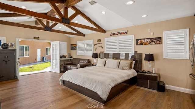 bedroom featuring recessed lighting, french doors, wood finished floors, baseboards, and access to outside