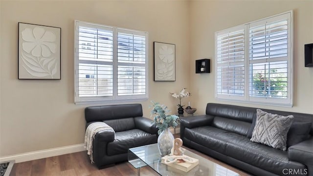 living area with baseboards and wood finished floors