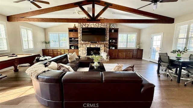 11815 Briarrose Ln, Chino, CA 91710 - living area featuring ceiling fan, wood finished floors, a fireplace, and billiards
