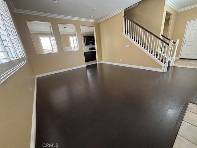 15986 Wilmington Rd, Chino Hills, CA 91709 - unfurnished living room featuring hardwood / wood-style floors, stairway, baseboards, crown molding, and recessed lighting