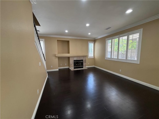 15986 Wilmington Rd, Chino Hills, CA 91709 - unfurnished living room featuring baseboards, dark wood finished floors, recessed lighting, a fireplace, and ornamental molding