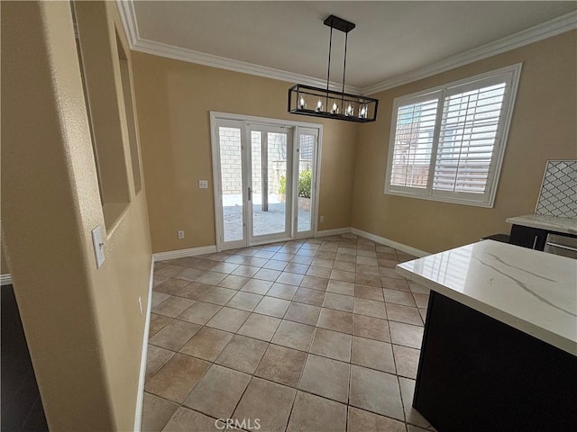 15986 Wilmington Rd, Chino Hills, CA 91709 - unfurnished dining area featuring a chandelier, ornamental molding, light tile patterned flooring, and baseboards