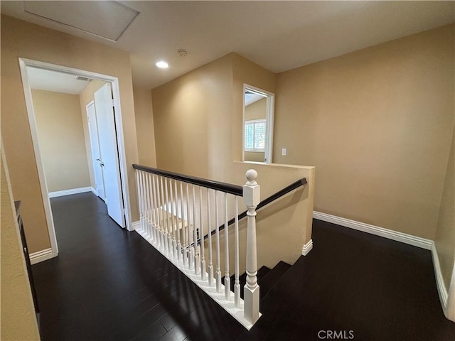 15986 Wilmington Rd, Chino Hills, CA 91709 - hall featuring an upstairs landing, baseboards, recessed lighting, and dark wood finished floors