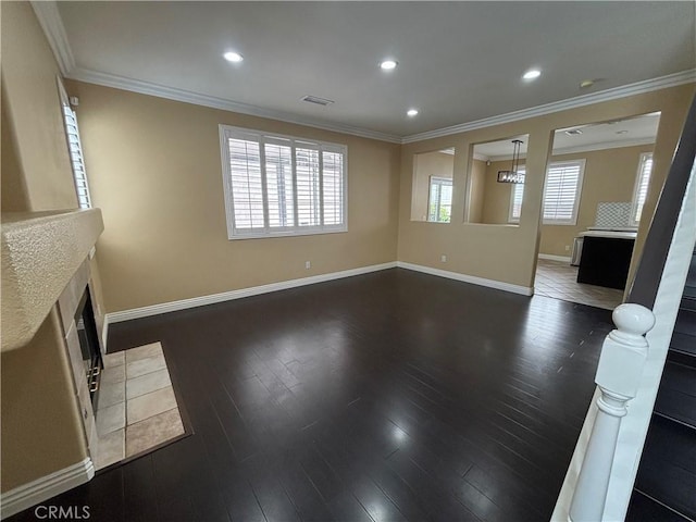 15986 Wilmington Rd, Chino Hills, CA 91709 - unfurnished living room featuring baseboards, dark wood-style flooring, ornamental molding, and recessed lighting