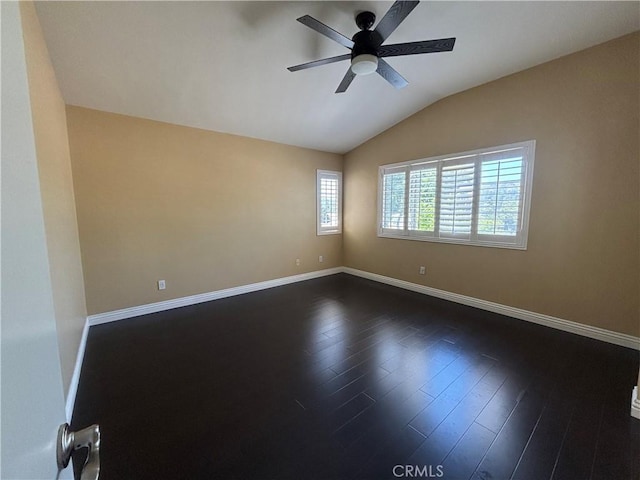 15986 Wilmington Rd, Chino Hills, CA 91709 - unfurnished room featuring a ceiling fan, vaulted ceiling, baseboards, and dark wood-style flooring