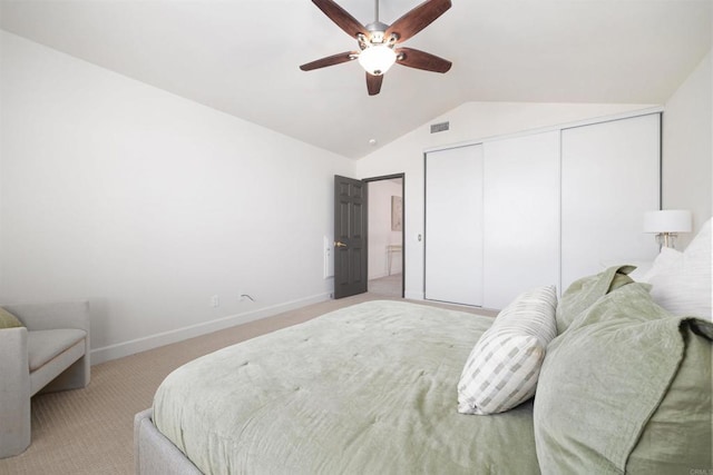 3044 Casmeg Way, El Cajon, CA 92019 - bedroom featuring lofted ceiling, light carpet, a closet, and a ceiling fan