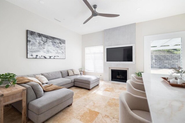 3044 Casmeg Way, El Cajon, CA 92019 - living area featuring healthy amount of natural light, a ceiling fan, a fireplace, and recessed lighting