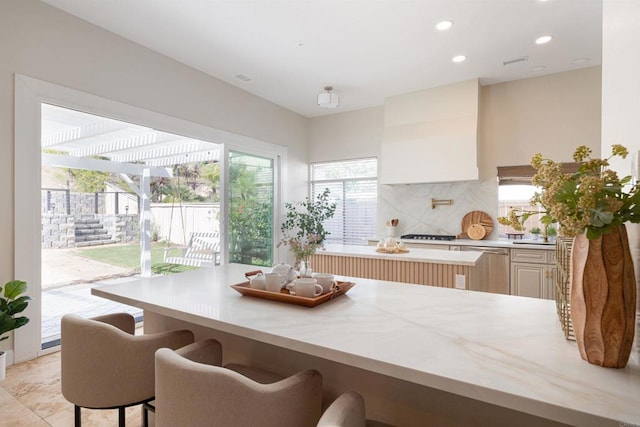 3044 Casmeg Way, El Cajon, CA 92019 - kitchen featuring backsplash, a kitchen breakfast bar, stainless steel dishwasher, recessed lighting, and gas cooktop