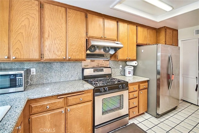 1144 Walnut Grove Ave Unit C, Rosemead, CA 91770 - kitchen with appliances with stainless steel finishes, under cabinet range hood, tasteful backsplash, light tile patterned flooring, and brown cabinetry