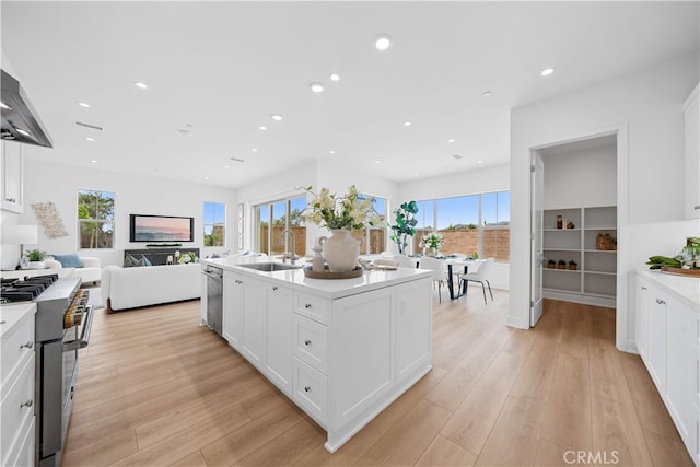 270 Maricopa, Irvine, CA 92618 - kitchen with stainless steel appliances, a sink, open floor plan, recessed lighting, and white cabinets