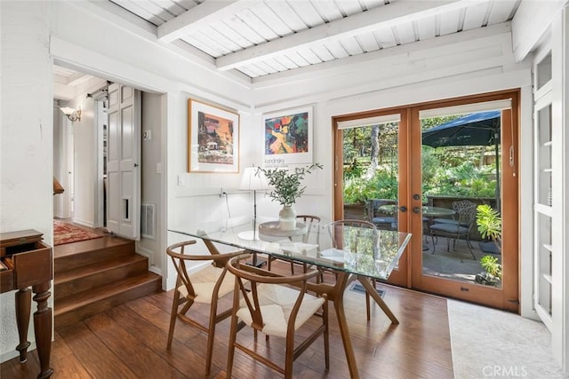 1359 Berwick Dr, Cambria, CA 93428 - dining area featuring french doors, hardwood / wood-style flooring, and beamed ceiling