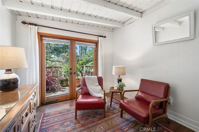1359 Berwick Dr, Cambria, CA 93428 - sitting room with french doors, beamed ceiling, wood ceiling, dark wood-type flooring, and baseboards