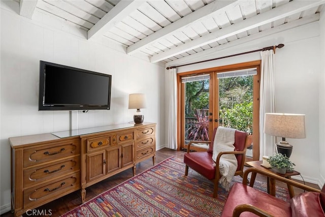 1359 Berwick Dr, Cambria, CA 93428 - living area featuring french doors, beam ceiling, wooden ceiling, and dark wood-style flooring