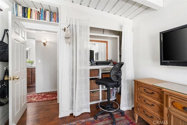 1359 Berwick Dr, Cambria, CA 93428 - office with dark wood finished floors, baseboards, and beamed ceiling