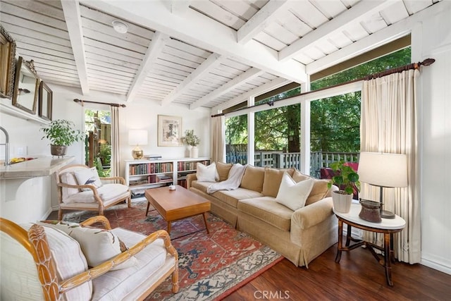 1359 Berwick Dr, Cambria, CA 93428 - living room with wood finished floors and wooden ceiling