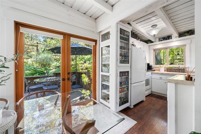 1359 Berwick Dr, Cambria, CA 93428 - doorway to outside with beam ceiling, dark wood-style floors, wood ceiling, and french doors