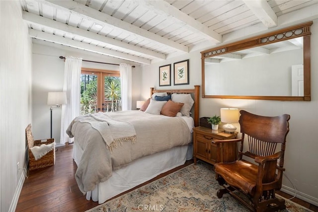 1359 Berwick Dr, Cambria, CA 93428 - bedroom with baseboards, wood finished floors, beamed ceiling, french doors, and wooden ceiling