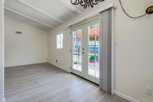 5019 Havenwood Ave, San Diego, CA 92120 - doorway to outside featuring french doors, a chandelier, light wood-type flooring, and baseboards