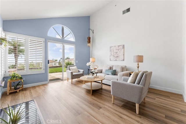 64 Camino, San Jose, San Clemente, CA 92672 - living area featuring high vaulted ceiling, wood finished floors, and baseboards