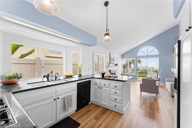 64 Camino, San Jose, San Clemente, CA 92672 - kitchen featuring a sink, black dishwasher, open floor plan, light wood finished floors, and lofted ceiling