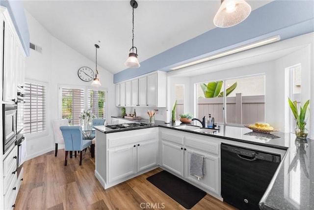 64 Camino, San Jose, San Clemente, CA 92672 - kitchen featuring dishwasher, stainless steel gas stovetop, a sink, white cabinets, and high vaulted ceiling
