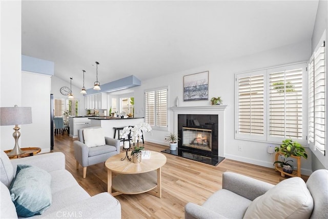 64 Camino, San Jose, San Clemente, CA 92672 - living area featuring vaulted ceiling, light wood-type flooring, a fireplace, and baseboards