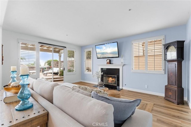 64 Camino, San Jose, San Clemente, CA 92672 - living area with light wood finished floors, plenty of natural light, baseboards, and a glass covered fireplace