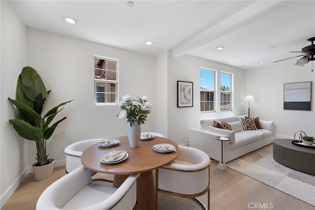 dining space featuring light wood-type flooring, ceiling fan, recessed lighting, and baseboards