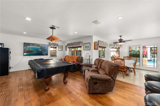 24449 Nan Ct, Diamond Bar, CA 91765 - recreation room with light wood-style floors, recessed lighting, ceiling fan, and billiards table