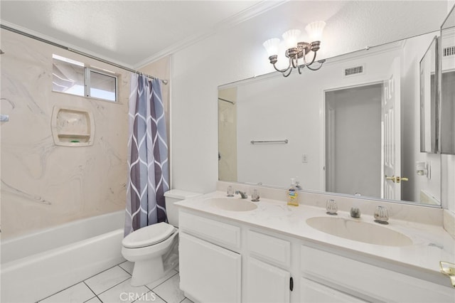24449 Nan Ct, Diamond Bar, CA 91765 - full bath with tile patterned flooring, shower / bath combo with shower curtain, toilet, double vanity, and crown molding