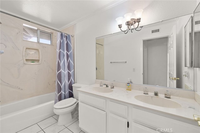 24449 Nan Ct, Diamond Bar, CA 91765 - full bathroom with double vanity, shower / bath combination with curtain, toilet, crown molding, and a chandelier