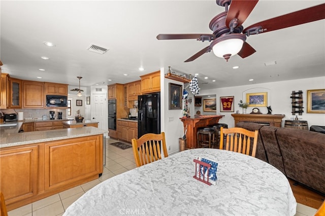 24449 Nan Ct, Diamond Bar, CA 91765 - dining room featuring recessed lighting, light tile patterned floors, a ceiling fan, and bar area