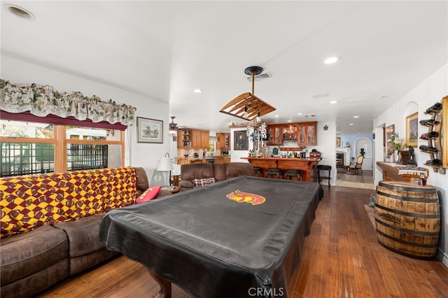 24449 Nan Ct, Diamond Bar, CA 91765 - recreation room featuring billiards, dark wood-style flooring, recessed lighting, and bar area