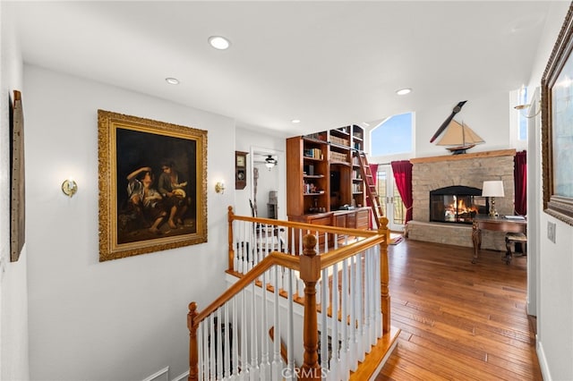 24449 Nan Ct, Diamond Bar, CA 91765 - hallway featuring an upstairs landing, hardwood / wood-style flooring, recessed lighting, and baseboards