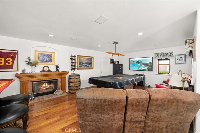 24449 Nan Ct, Diamond Bar, CA 91765 - living room with wood finished floors, recessed lighting, a fireplace, and billiards table