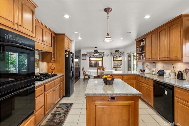 24449 Nan Ct, Diamond Bar, CA 91765 - kitchen with black appliances, recessed lighting, decorative backsplash, brown cabinets, and light tile patterned floors